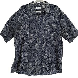 Vintage Summa Silk Button Down Mens XL Navy White Resort Party Short Sleeve